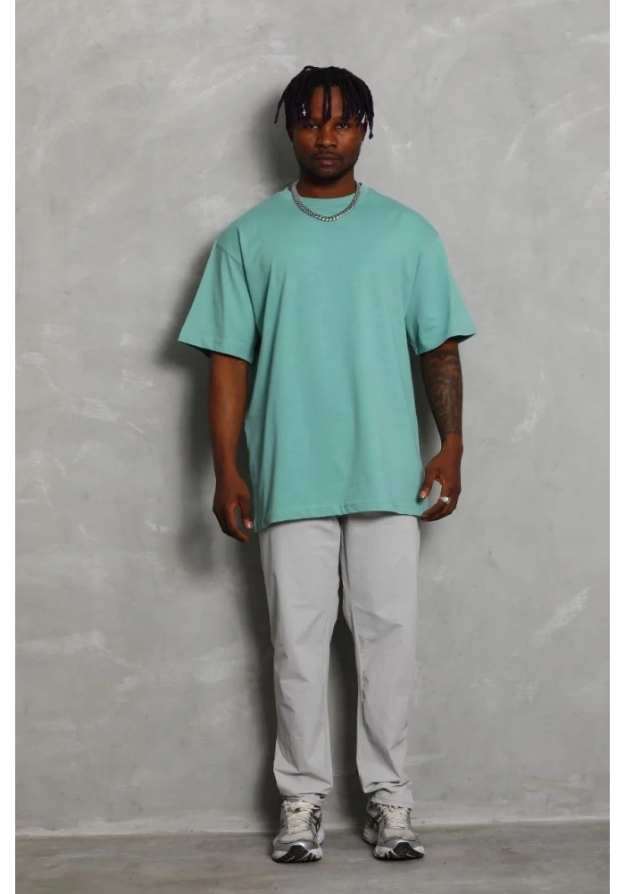 Erkek Düz Yazlık Kısa Kol Tişört Bisiklet Yaka Oversize T-Shirt - Mint Yeşili