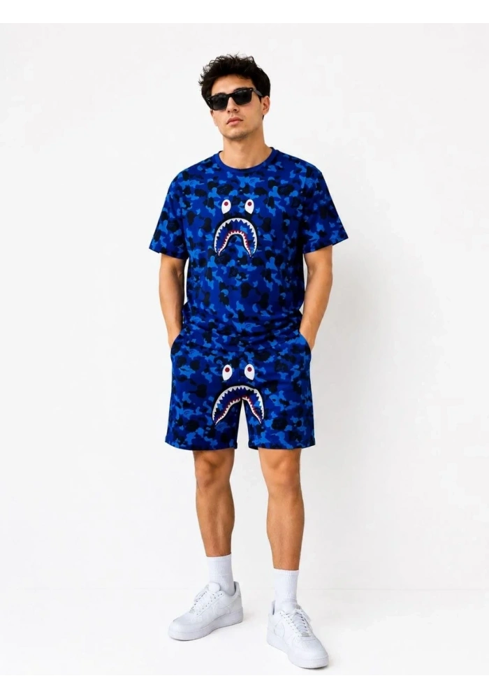 Erkek Oversize Kalıp Pubg Bape X Shark Nakışlı Cepli Şort Takım - Mavi