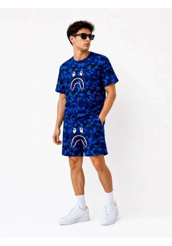 Erkek Oversize Kalıp Pubg Bape X Shark Nakışlı Cepli Şort Takım - Mavi