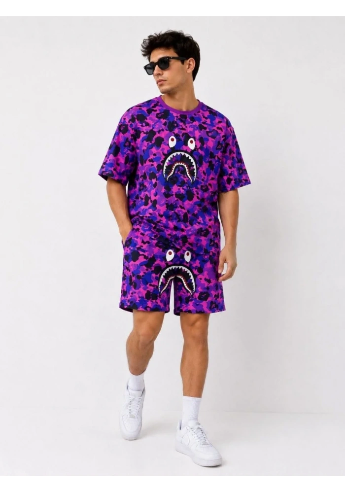 Erkek Oversize Kalıp Pubg Bape X Shark Nakışlı Cepli Şort Takım - Mor