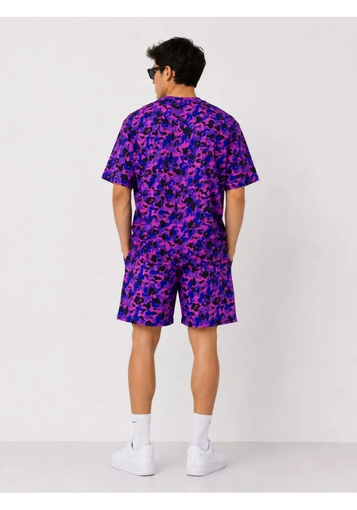 Erkek Oversize Kalıp Pubg Bape X Shark Nakışlı Cepli Şort Takım - Mor
