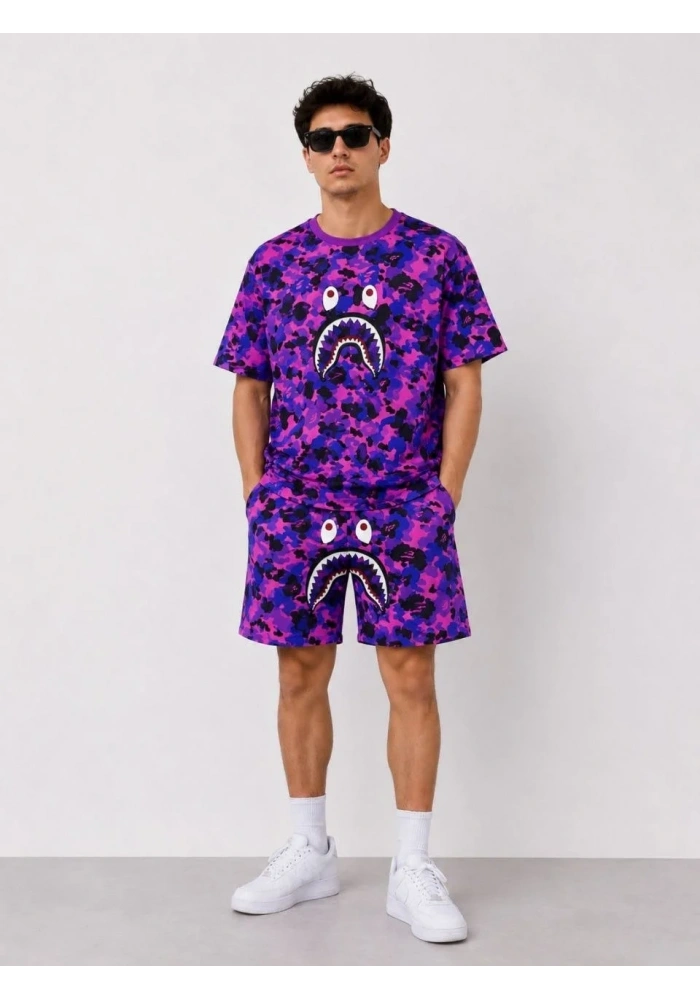Erkek Oversize Kalıp Pubg Bape X Shark Nakışlı Cepli Şort Takım - Mor