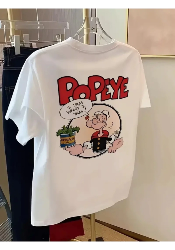 Erkek T-Shirt Oversize Kısa kol Tişört Popeye Baskılı - Beyaz