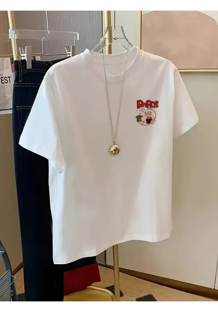 Erkek T-Shirt Oversize Kısa kol Tişört Popeye Baskılı - Beyaz