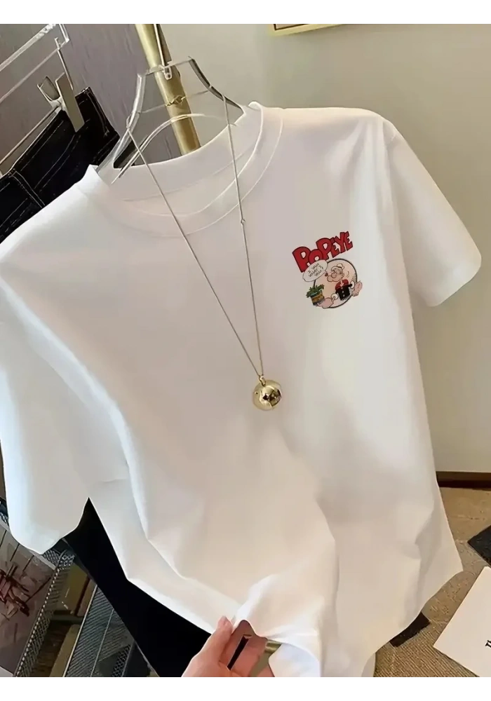 Erkek T-Shirt Oversize Kısa kol Tişört Popeye Baskılı - Beyaz