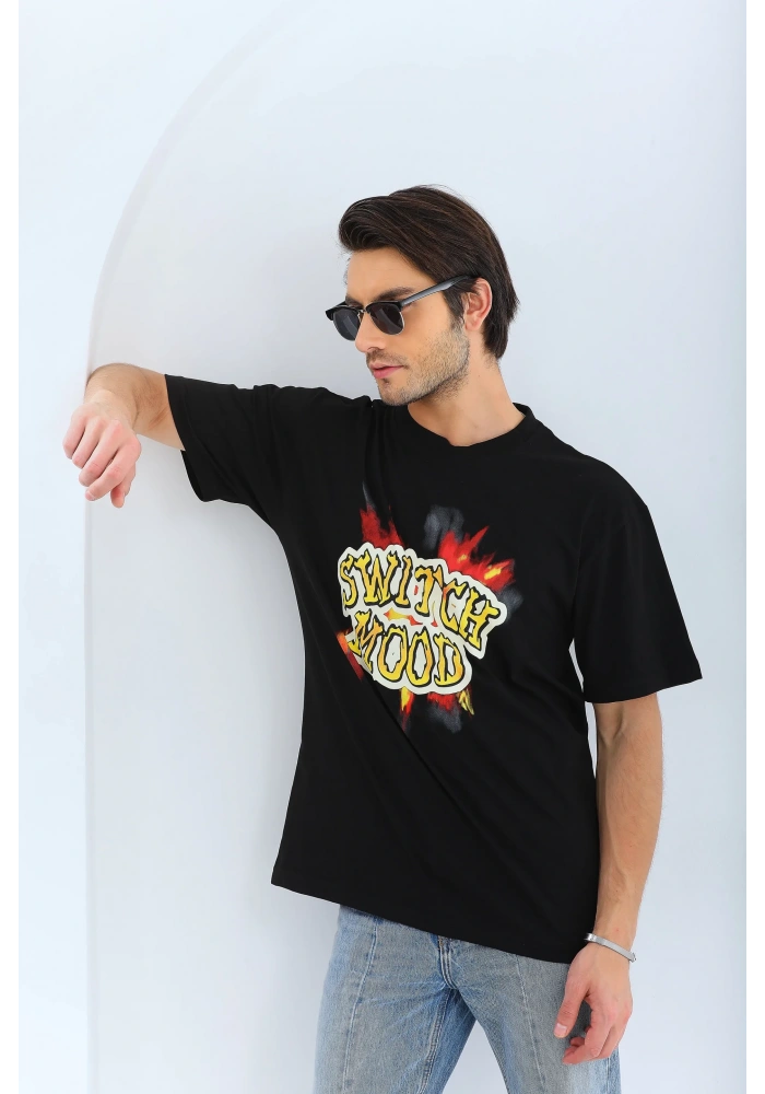 Erkek Kısa Kol Yazlık Tişört Bisiklet Yaka Baskılı Oversize T-Shirt - Siyah