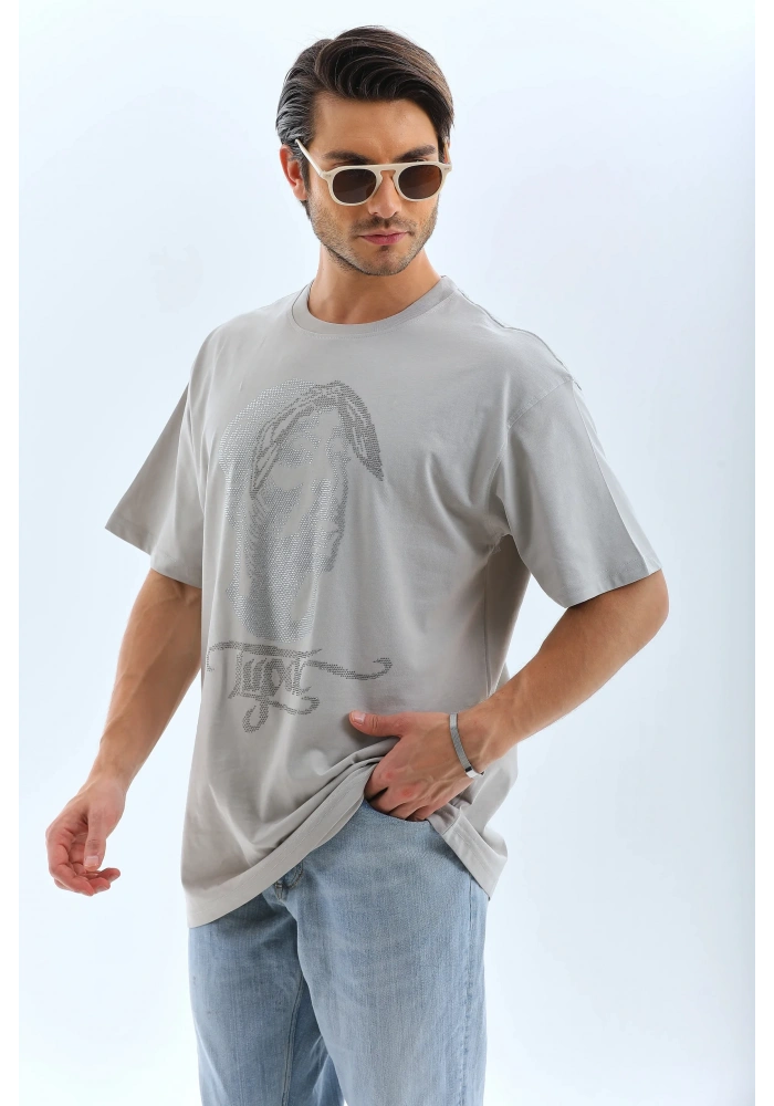 ERKEK Tişört TAŞ Detaylı Bisiklet Yaka  Kısa kol T-Shirt - Gri