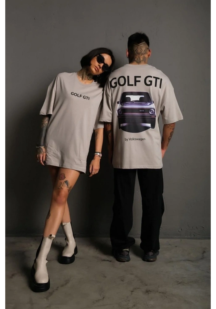 Erkek Oversize Tişört Golf GTI Retro Araba Baskılı T-shirt - Gri