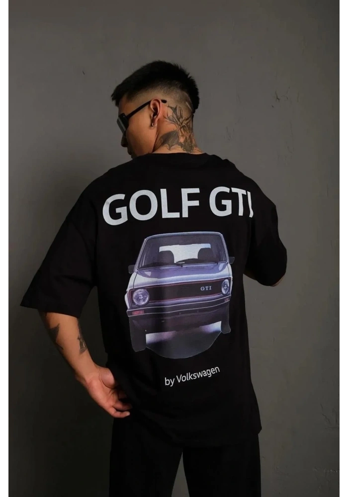 Erkek Oversize Tişört Golf GTI Retro Araba Baskılı T-shirt - Siyah