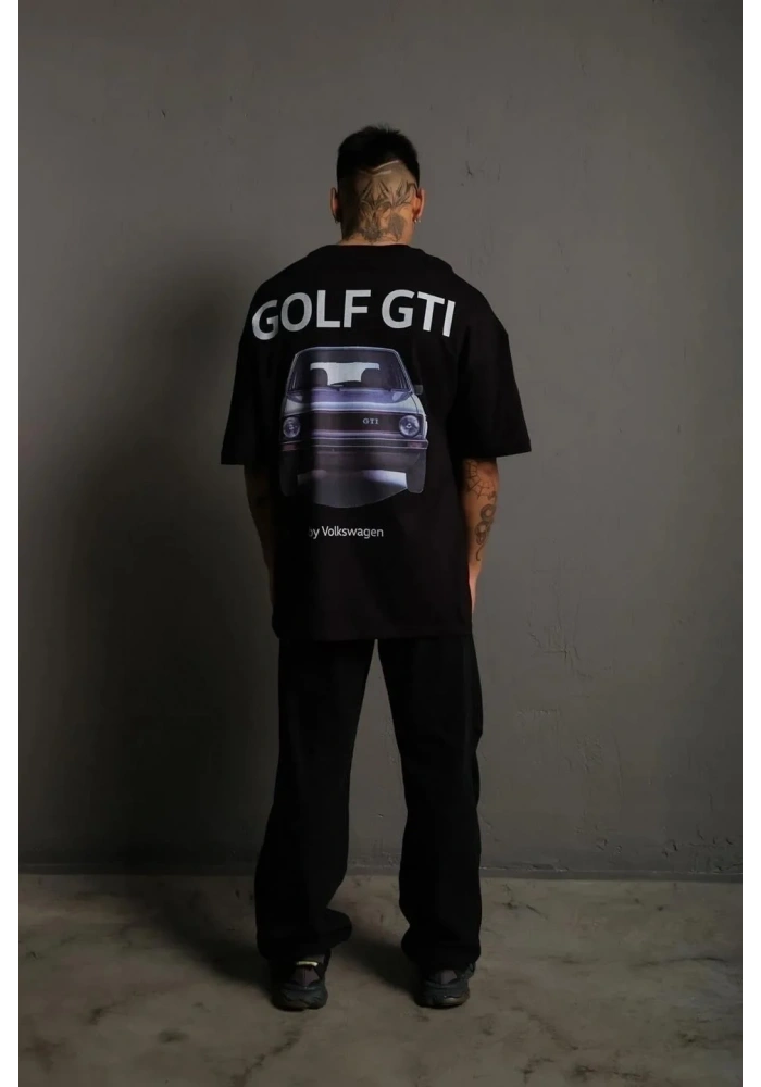 Erkek Oversize Tişört Golf GTI Retro Araba Baskılı T-shirt - Siyah