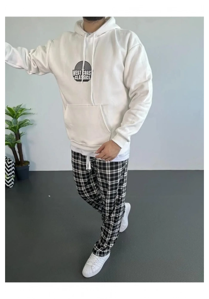 Erkek Oversize Üç İplik Kapüşonlu Sweatshirt Beyaz Ön Baskılı Kanguru Cepli Kalıp İçi