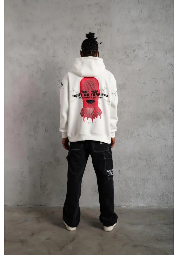 Erkek Oversize Üç İplik Kapüşonlu Sweatshirt Don’t Be Terrified Ön Sırt ve Kol - Beyaz