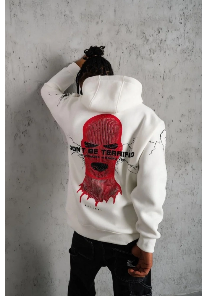 Erkek Oversize Üç İplik Kapüşonlu Sweatshirt Don’t Be Terrified Ön Sırt ve Kol - Beyaz