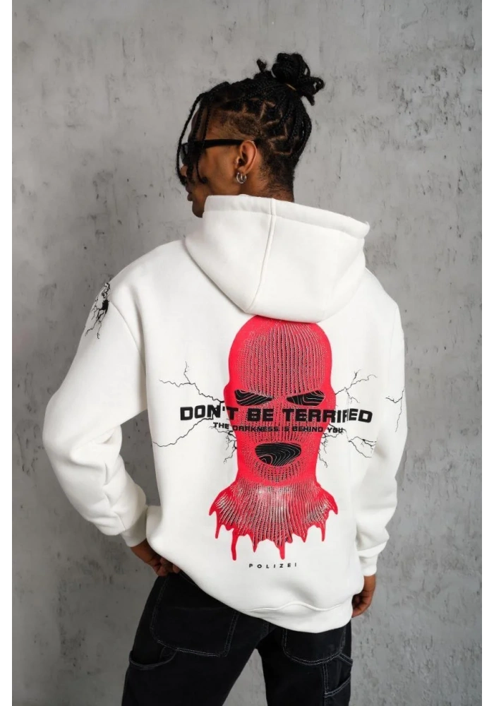 Erkek Oversize Üç İplik Kapüşonlu Sweatshirt Don’t Be Terrified Ön Sırt ve Kol - Beyaz
