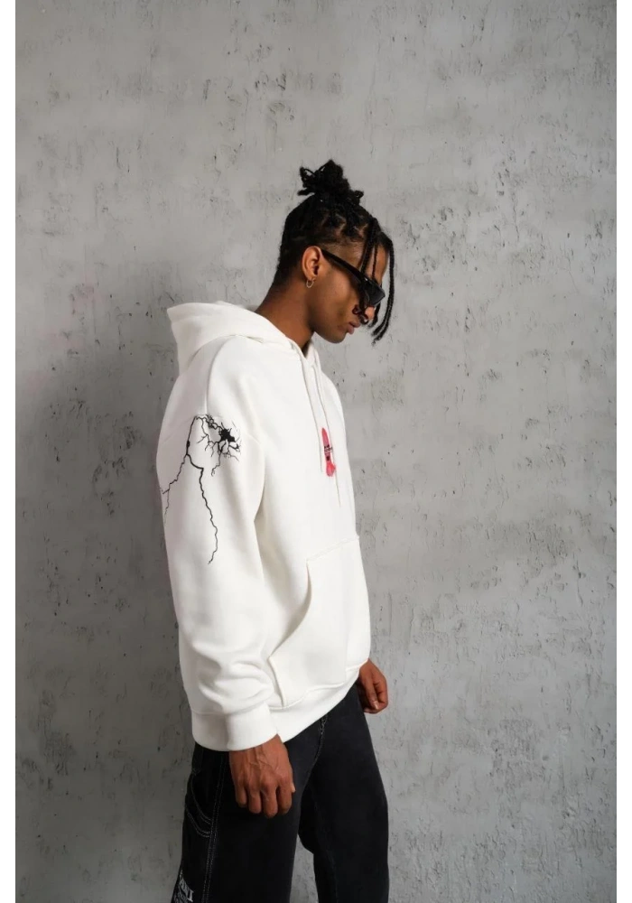 Erkek Oversize Üç İplik Kapüşonlu Sweatshirt Don’t Be Terrified Ön Sırt ve Kol - Beyaz