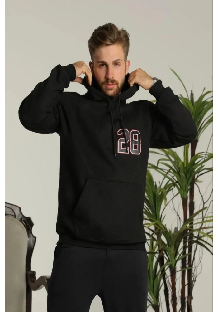 Erkek Oversize Üç İplik Kapüşonlu Sweatshirt –Sırt ve Ön Baskılı Kanguru Cepli - Siyah