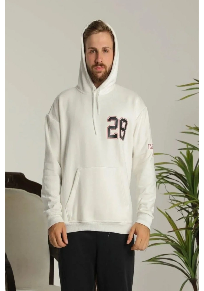 Erkek Oversize Üç İplik Kapüşonlu Sweatshirt –Sırt ve Ön Baskılı Kanguru - Siyah Beyaz