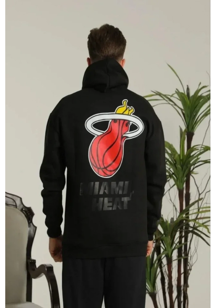 Erkek Oversize Üç İplik Kapüşonlu Sweatshirt –Sırt Ve Ön Baskılı, Kanguru Cepli, Rahat Kalıp Maskot Desenli Model - Siyah