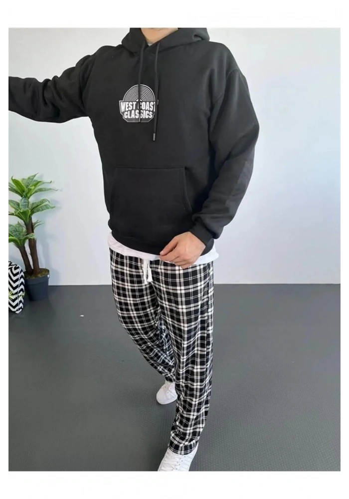 Erkek Kapüşonlu Kanguru Cepli Sweatshirt 3 İplik Pamuklu Baskılı Hoodie - Siyah