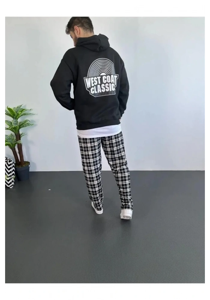 Erkek Kapüşonlu Kanguru Cepli Sweatshirt 3 İplik Pamuklu Baskılı Hoodie - Siyah