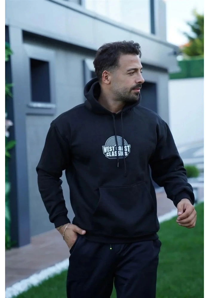 Erkek Kapüşonlu Kanguru Cepli Sweatshirt 3 İplik Pamuklu Baskılı Hoodie - Siyah