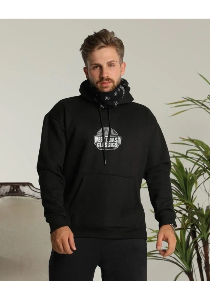 Erkek Kapüşonlu Kanguru Cepli Sweatshirt 3 İplik Pamuklu Baskılı Hoodie - Siyah