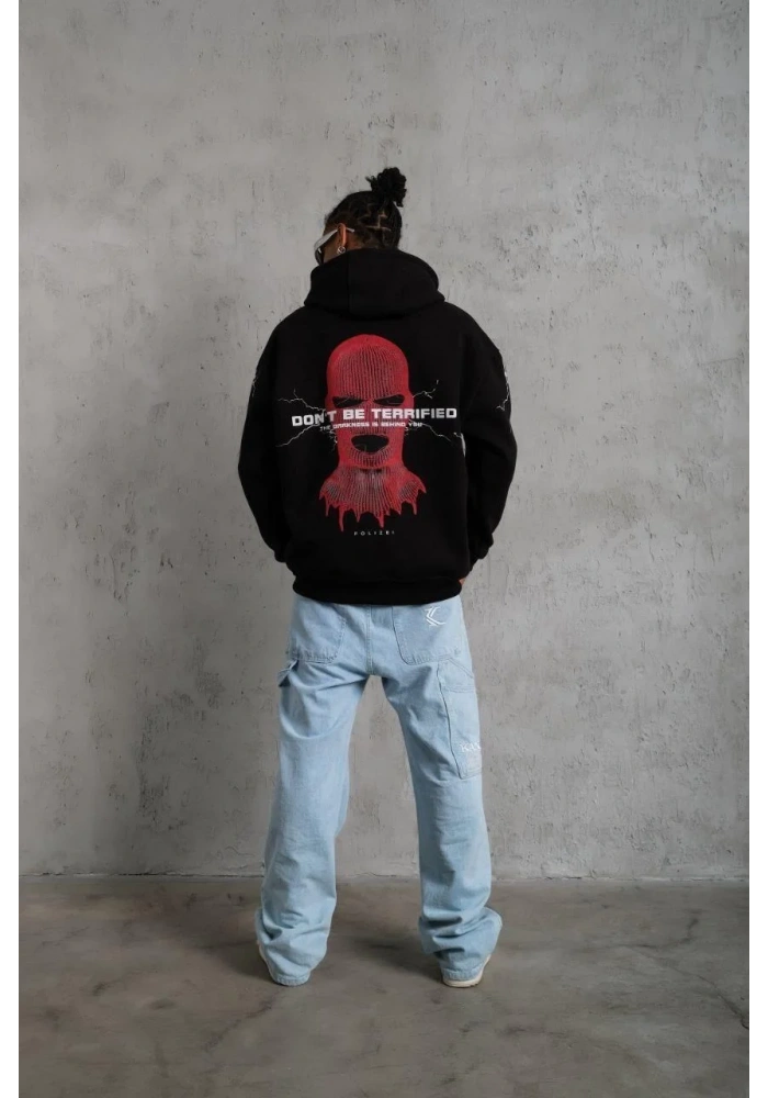 Erkek Oversize Üç İplik Kapüşonlu Sweatshirt Siyah Don’t Be Terrified Ön Sırt ve - Siyah