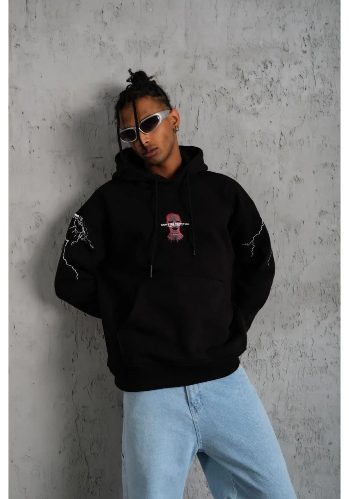 Erkek Kapüşonlu Kanguru Cepli Sweatshirt 3 İplik Pamuklu Baskılı Hoodie - Siyah