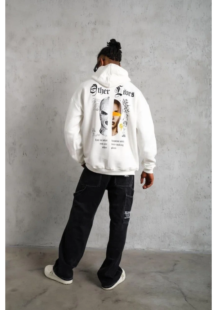 Erkek Kapüşonlu Kanguru Cepli Sweatshirt 3 İplik Pamuklu Baskılı Hoodie - Beyaz