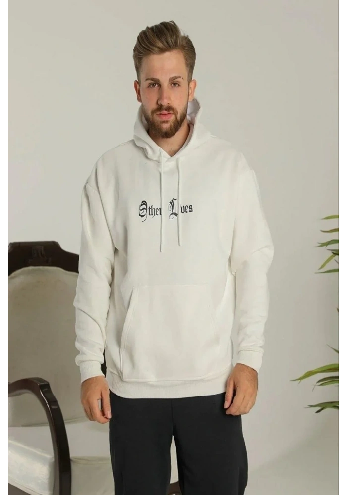 Erkek Kapüşonlu Kanguru Cepli Sweatshirt 3 İplik Pamuklu Baskılı Hoodie - Beyaz