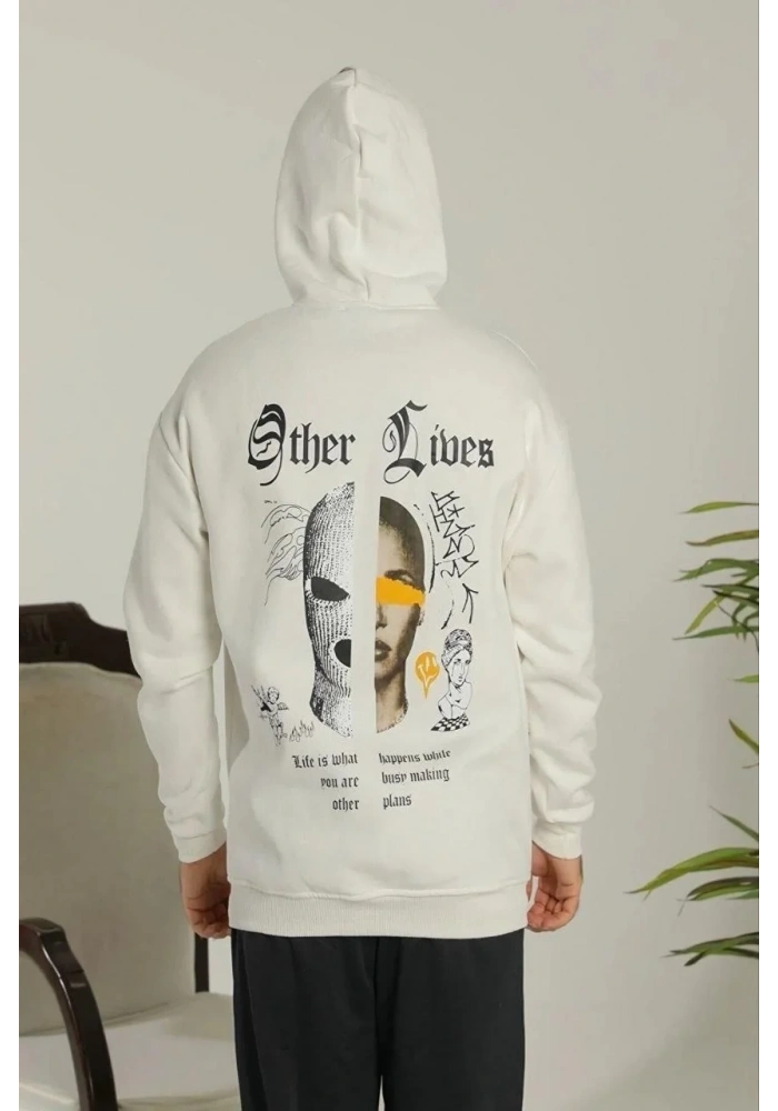 Erkek Kapüşonlu Kanguru Cepli Sweatshirt 3 İplik Pamuklu Baskılı Hoodie - Beyaz