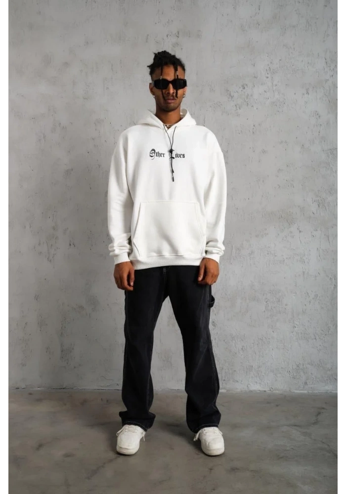 Erkek Kapüşonlu Kanguru Cepli Sweatshirt 3 İplik Pamuklu Baskılı Hoodie - Beyaz
