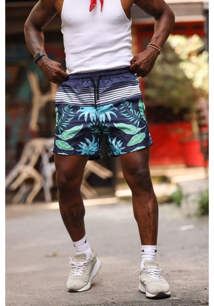 Erkek Palmiye Desenli Deniz Cepli Şort - Mavi