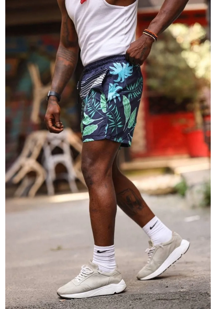 Erkek Palmiye Desenli Deniz Cepli Şort - Mavi