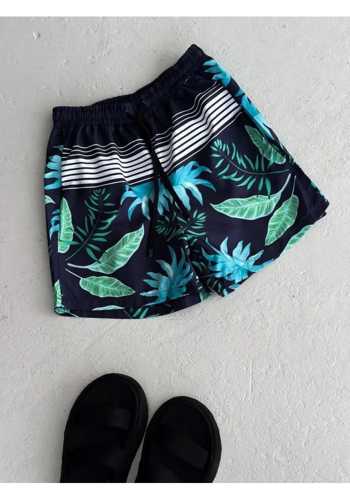 Erkek Palmiye Desenli Deniz Cepli Şort - Mavi