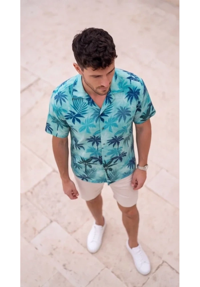 Erkek Palmiye Desenli Kısa Kollu Hawai Gömlek