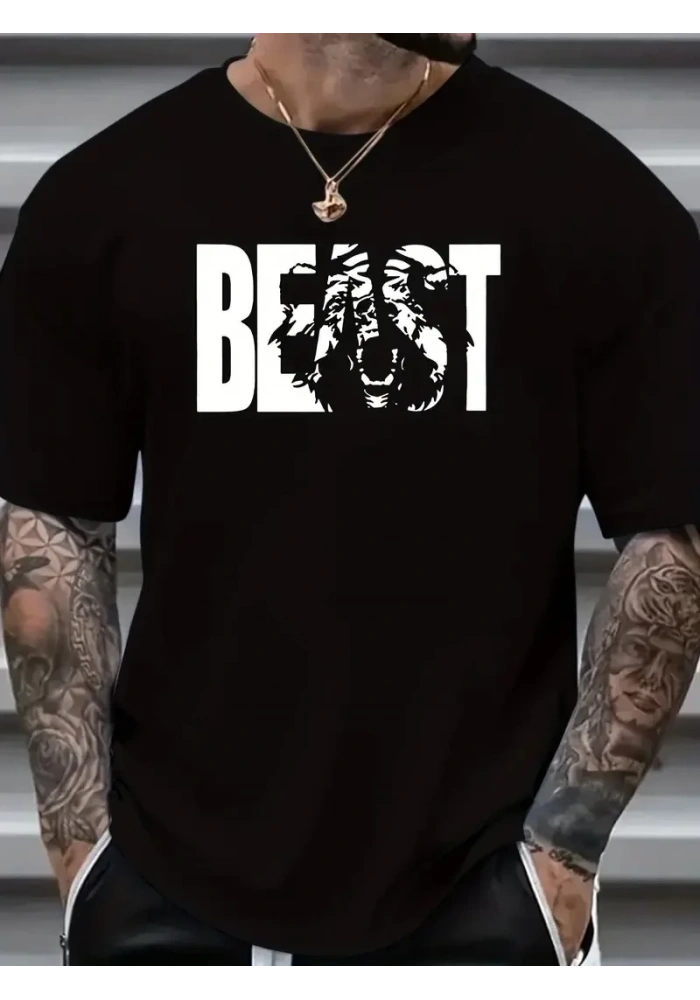 Erkek Baskılı Tişört Kısa Kol Bisiklet Yaka Oversize T-Shirt - Siyah