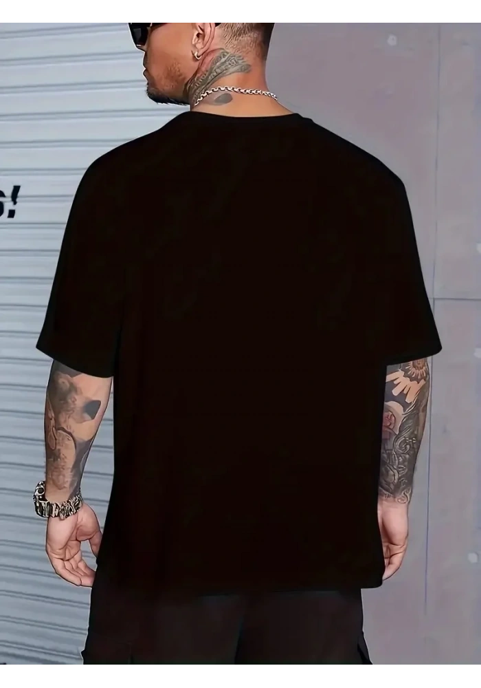 Erkek Baskılı Tişört Kısa Kol Bisiklet Yaka Oversize T-Shirt - Siyah