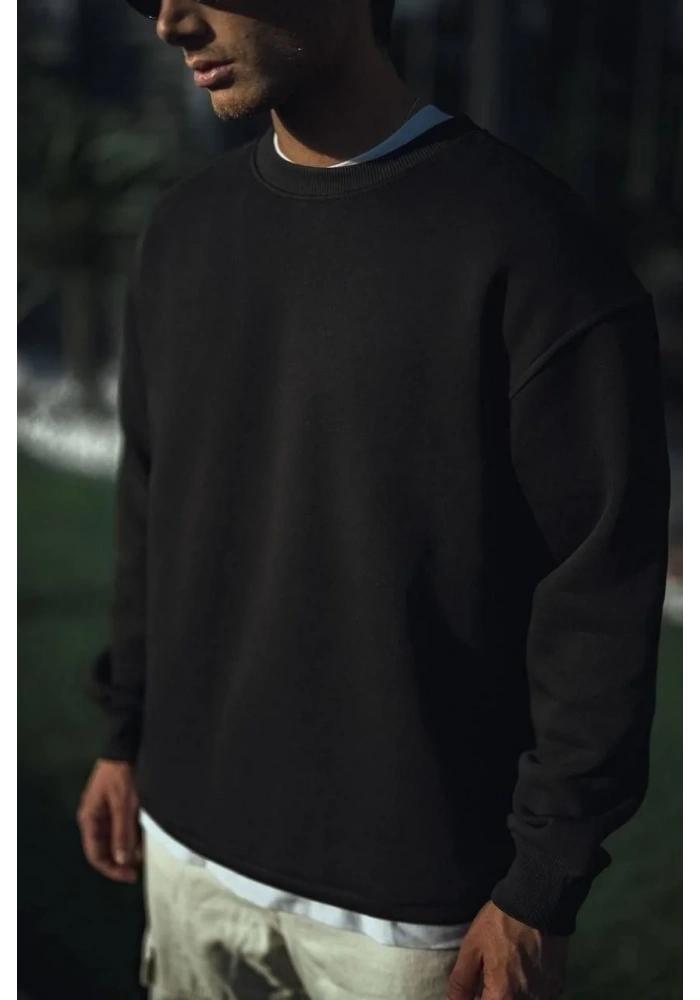 Erkek pamuklu Bisiklet Yaka 3 İplik Basic SweatShirt - Siyah