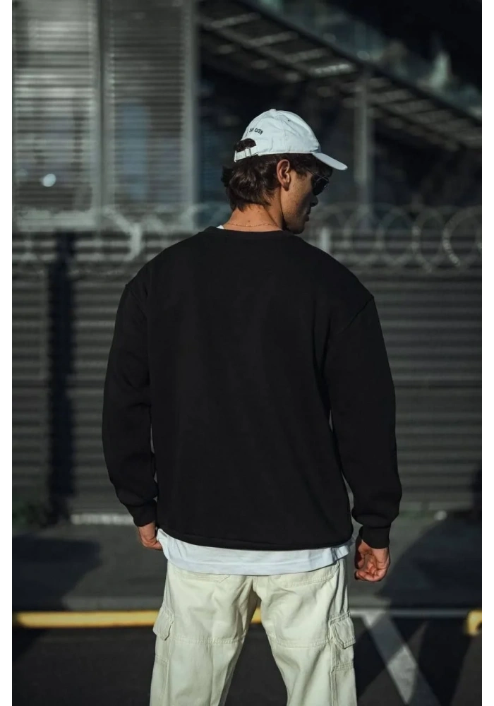 Erkek pamuklu Bisiklet Yaka 3 İplik Basic SweatShirt - Siyah