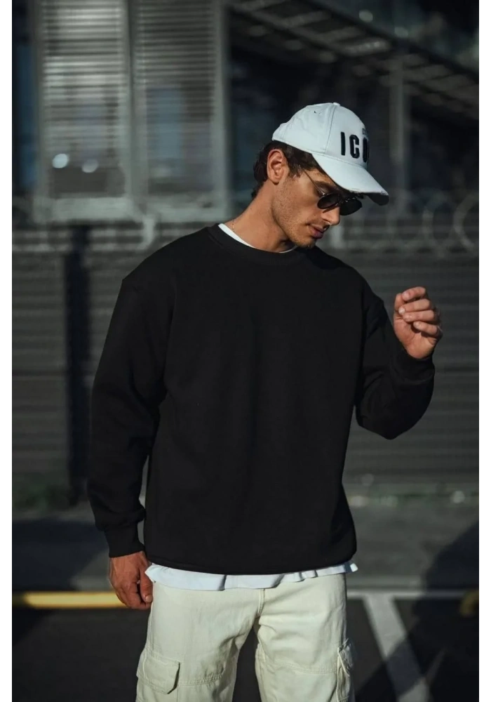Erkek pamuklu Bisiklet Yaka 3 İplik Basic SweatShirt - Siyah