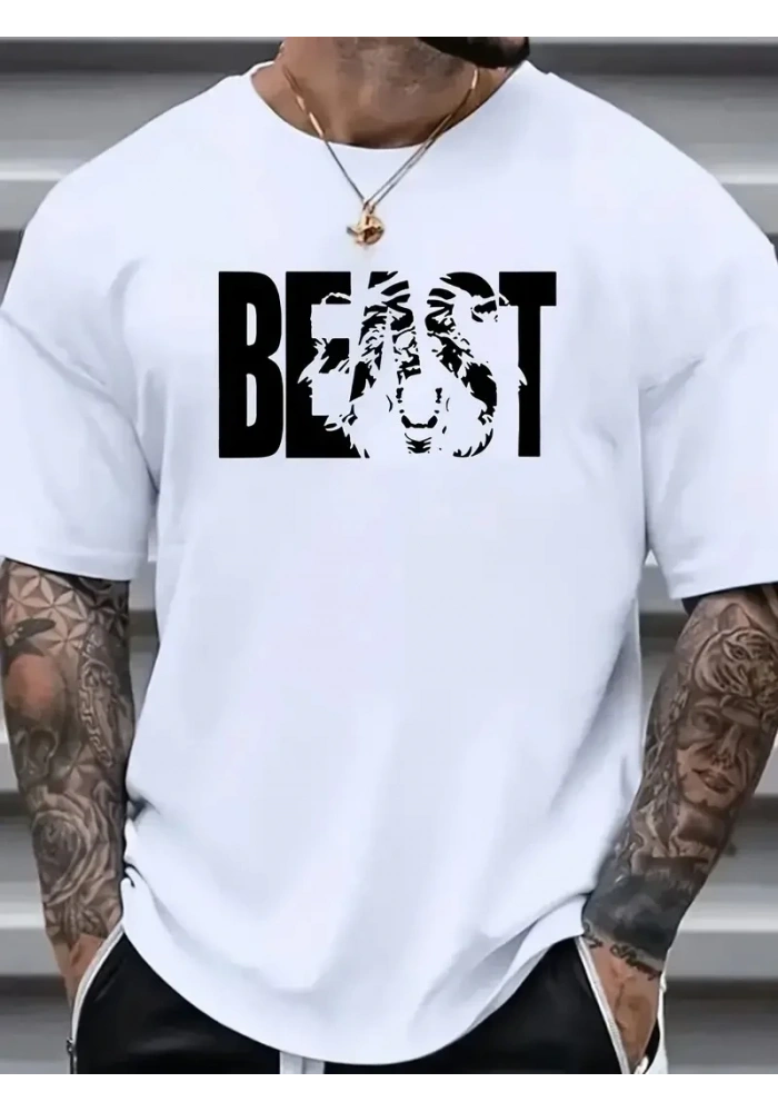 Erkek Baskılı Tişört Kısa Kol Bisiklet Yaka Oversize T-Shirt - Beyaz