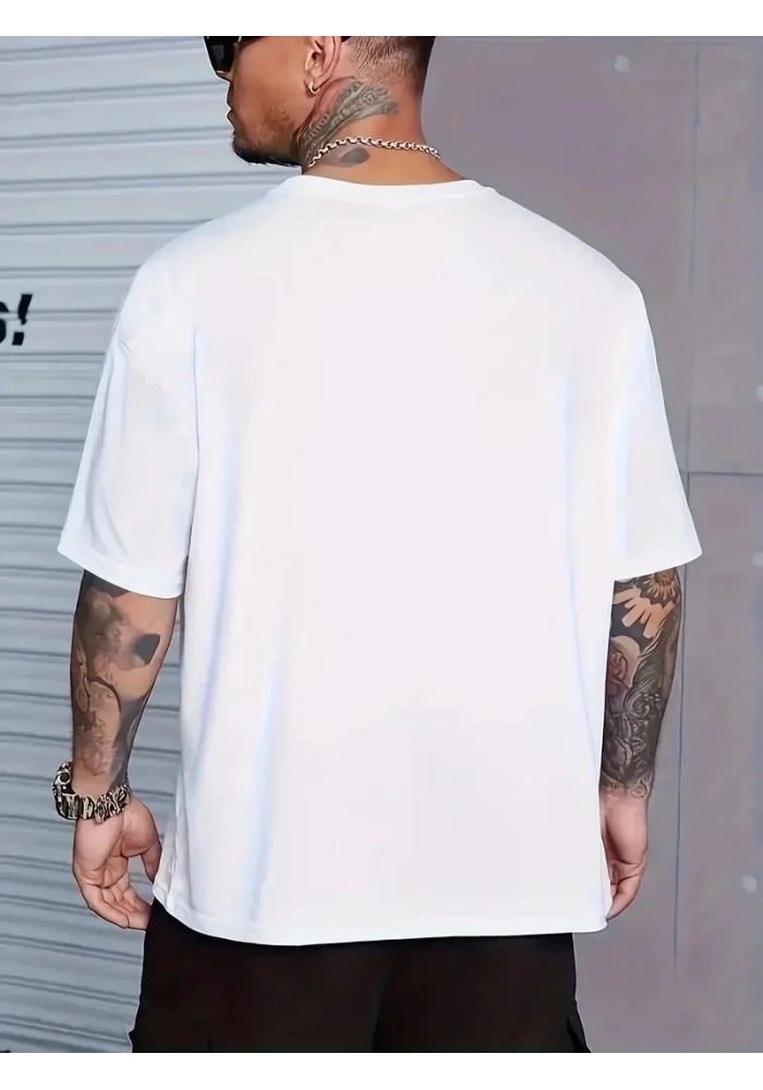 Erkek Baskılı Tişört Kısa Kol Bisiklet Yaka Oversize T-Shirt - Beyaz