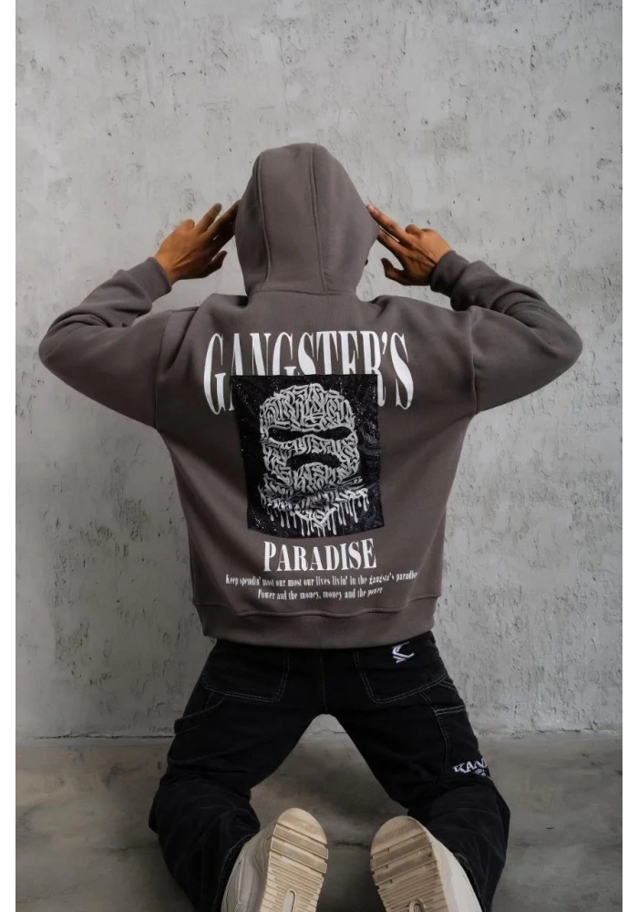 Erkek 3 İplik Pamuklu Baskılı Kapüşonlu Cepli Sweatshirt Hoodie - Gri