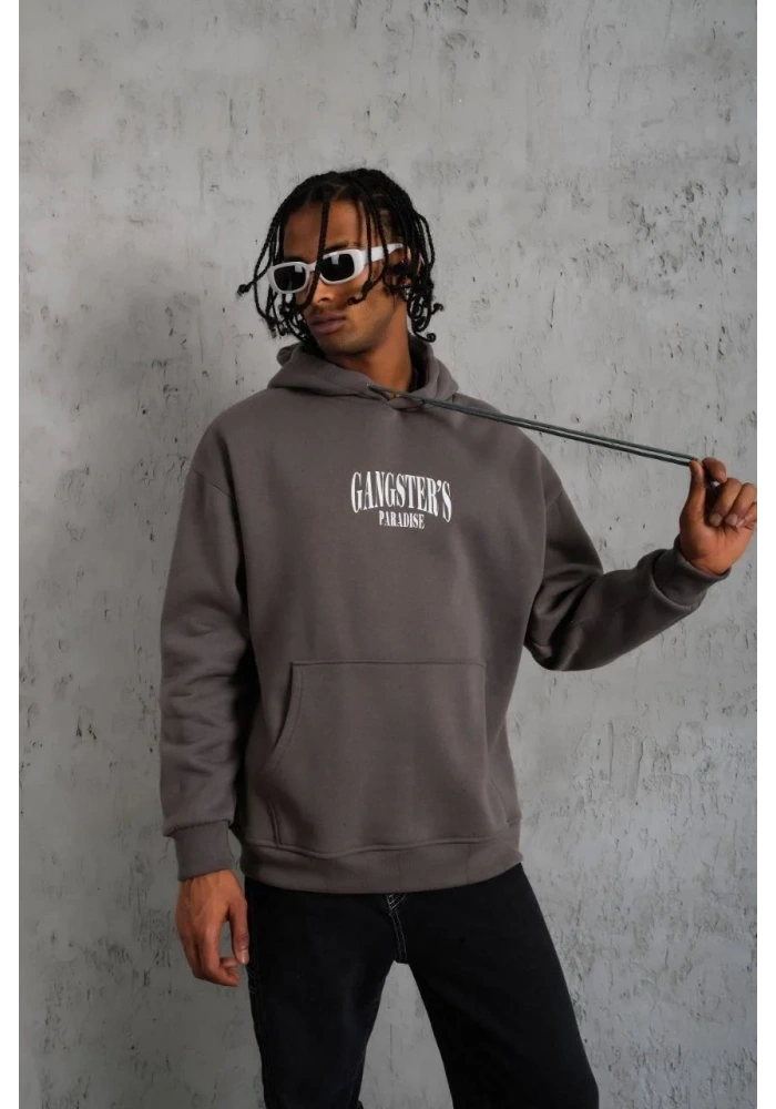 Erkek 3 İplik Pamuklu Baskılı Kapüşonlu Cepli Sweatshirt Hoodie - Gri