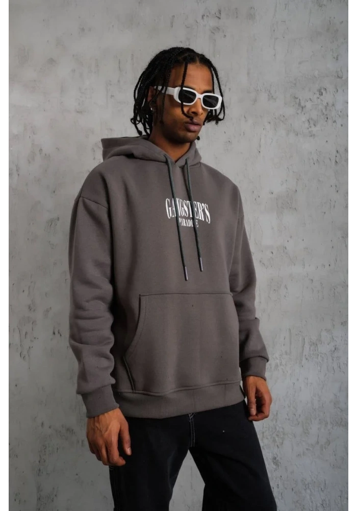 Erkek 3 İplik Pamuklu Baskılı Kapüşonlu Cepli Sweatshirt Hoodie - Gri