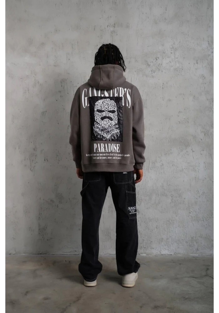 Erkek 3 İplik Pamuklu Baskılı Kapüşonlu Cepli Sweatshirt Hoodie - Gri
