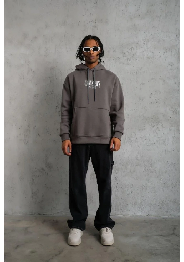 Erkek 3 İplik Pamuklu Baskılı Kapüşonlu Cepli Sweatshirt Hoodie - Gri