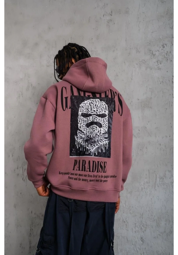 Erkek 3 İplik Pamuklu Kapüşonlu Baskılı Cepli Oversize Sweatshirt Hoodie - Gül Kurusu