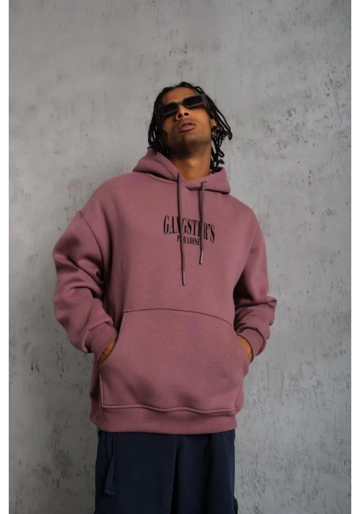 Erkek 3 İplik Pamuklu Kapüşonlu Baskılı Cepli Oversize Sweatshirt Hoodie - Gül Kurusu